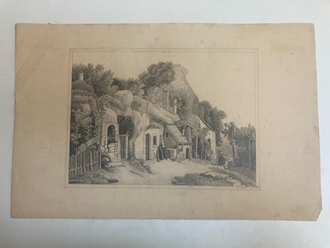 Dessin Art Crayon Papier XIXe Arbre Village A Identifier Ancien Maison