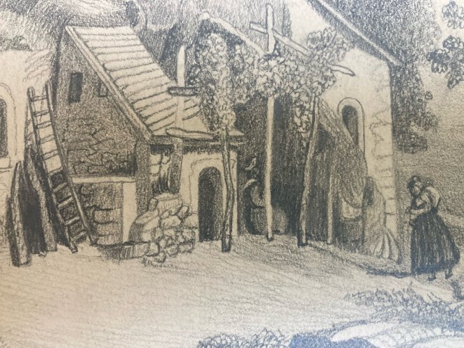 Dessin Art Crayon Papier XIXe Arbre Village A Identifier Ancien Maison