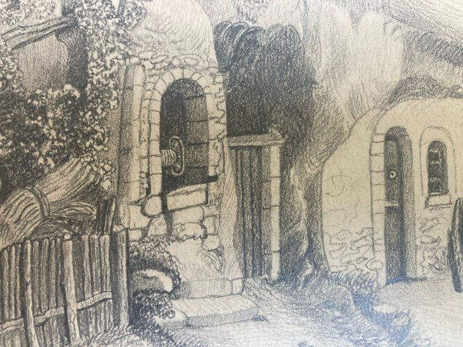 Dessin Art Crayon Papier XIXe Arbre Village A Identifier Ancien Maison