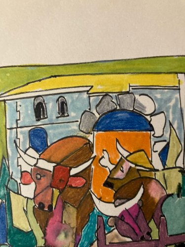 Dessin Arthur Pol Feutre Art Sur Papier Vache Taureau Corrida 1980 Animaux