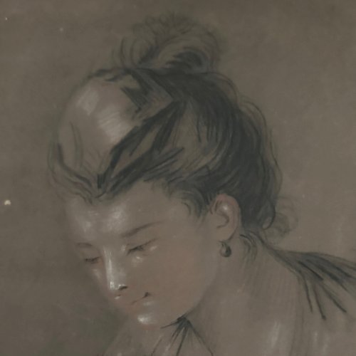 Dessin au crayon portrait de jeune femme début XXe cadre doré A5636