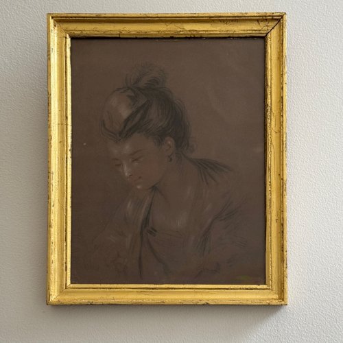 Dessin au crayon portrait de jeune femme début XXe cadre doré A5636