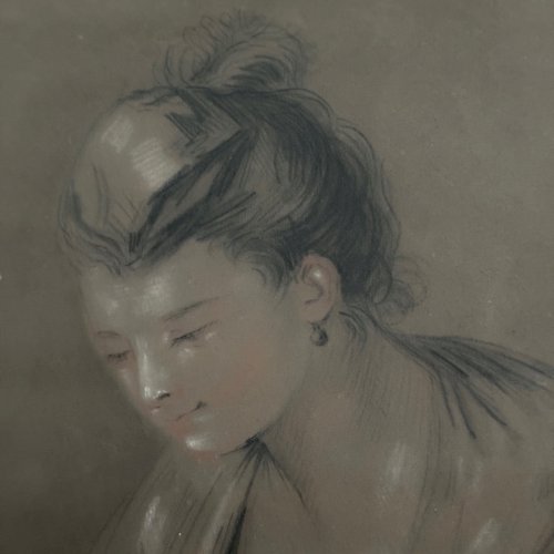 Dessin au crayon portrait de jeune femme début XXe cadre doré A5636