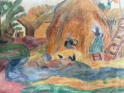 Dessin Campagne Poule Ferme Papier  À Identifier Femme Crayon Craie Grasse Art