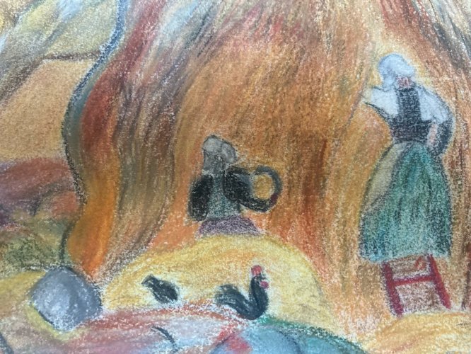 Dessin Campagne Poule Ferme Papier  À Identifier Femme Crayon Craie Grasse Art