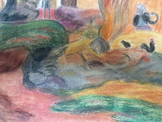 Dessin Campagne Poule Ferme Papier  À Identifier Femme Crayon Craie Grasse Art