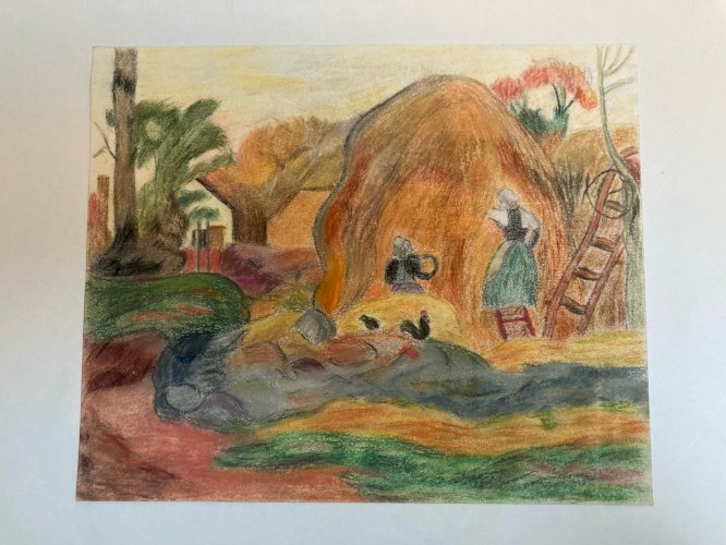 Dessin Campagne Poule Ferme Papier  À Identifier Femme Crayon Craie Grasse Art