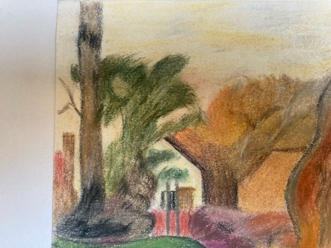 Dessin Campagne Poule Ferme Papier  À Identifier Femme Crayon Craie Grasse Art