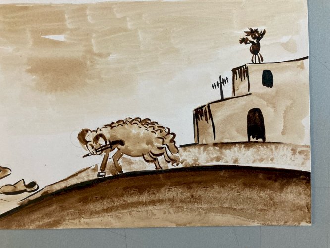 Dessin Carton Orientaliste Encre Bouhali Hamid Maroc Orientalisme
