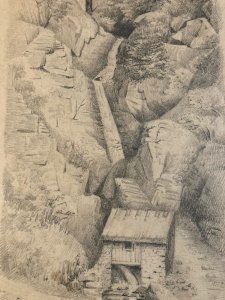 Dessin Cascade Pyrenees XIXe mine De Plomb Arbre Eau Moulin Paysage Art