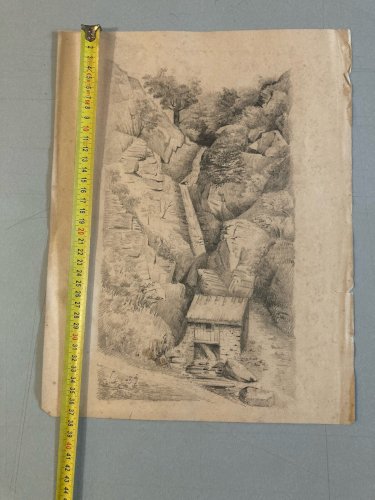 Dessin Cascade Pyrenees XIXe mine De Plomb Arbre Eau Moulin Paysage Art