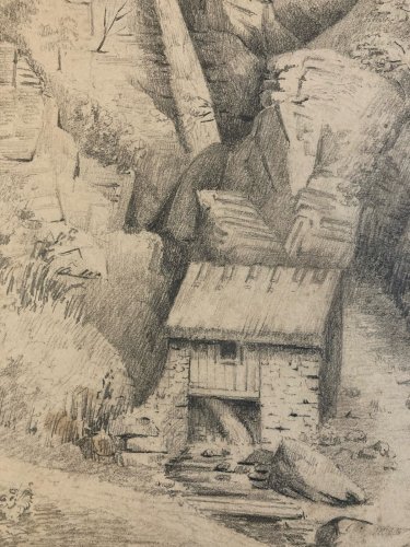 Dessin Cascade Pyrenees XIXe mine De Plomb Arbre Eau Moulin Paysage Art