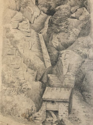 Dessin Cascade Pyrenees XIXe mine De Plomb Arbre Eau Moulin Paysage Art