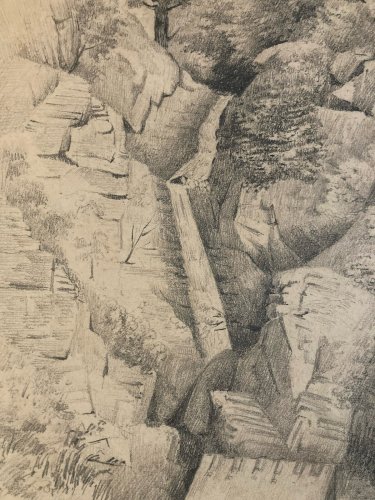 Dessin Cascade Pyrenees XIXe mine De Plomb Arbre Eau Moulin Paysage Art