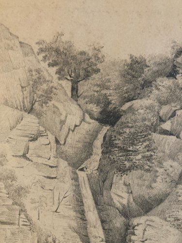 Dessin Cascade Pyrenees XIXe mine De Plomb Arbre Eau Moulin Paysage Art