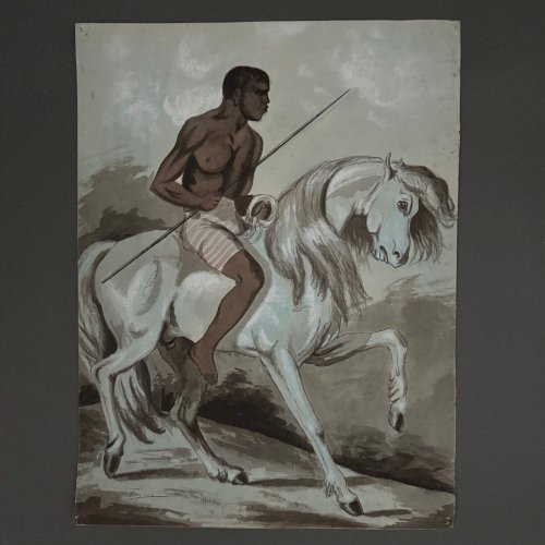 Dessin cavalier noir sur un cheval blanc par Forgeoux XIXe A5559