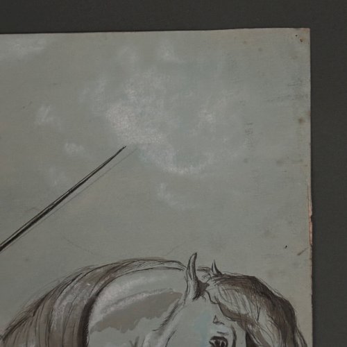 Dessin cavalier noir sur un cheval blanc par Forgeoux XIXe A5559