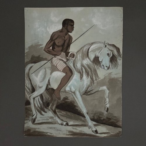 Dessin cavalier noir sur un cheval blanc par Forgeoux XIXe A5559