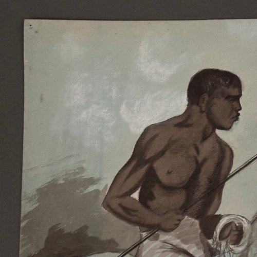 Dessin cavalier noir sur un cheval blanc par Forgeoux XIXe A5559