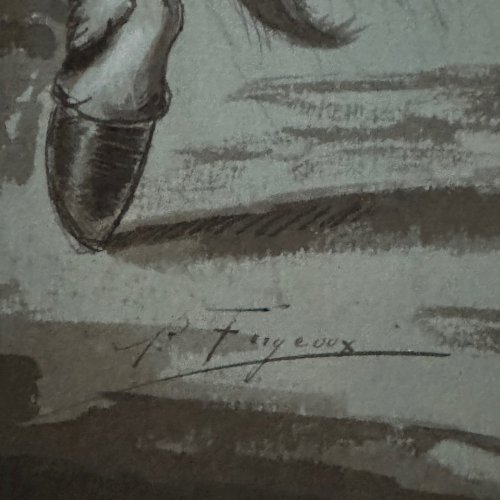 Dessin cavalier noir sur un cheval blanc par Forgeoux XIXe A5559