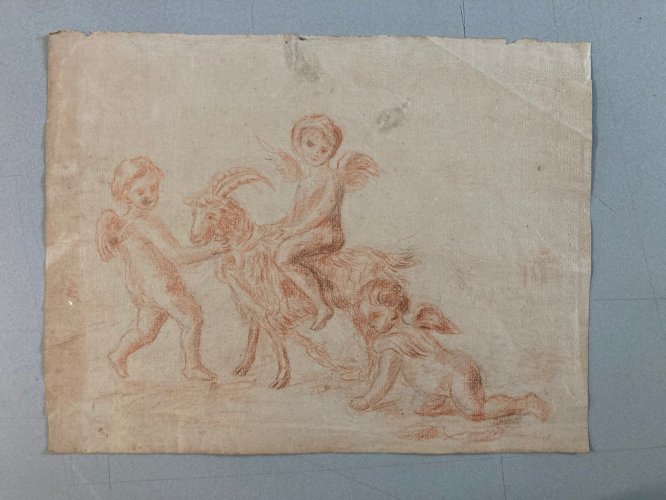 Dessin Chevre Ange Angelot Putti papier vergé XIXe animal A Identifier