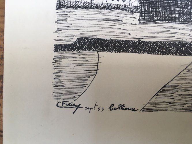Dessin Collioure Église Bord De Mer encre De Chine Vers 1950 Signé