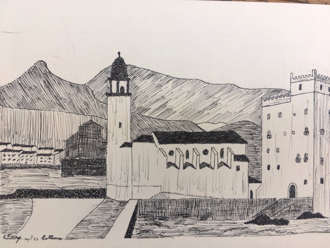 Dessin Collioure Église Bord De Mer encre De Chine Vers 1950 Signé