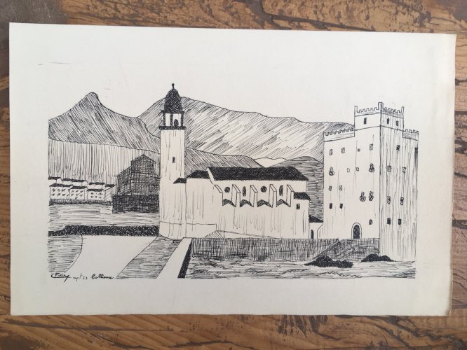 Dessin Collioure Église Bord De Mer encre De Chine Vers 1950 Signé