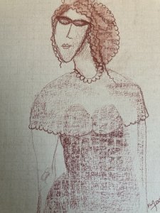 Dessin Contemporain Portrait Papier  À Identifier Femme Crayon Craie Grasse Art