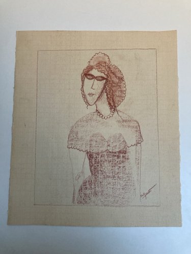 Dessin Contemporain Portrait Papier  À Identifier Femme Crayon Craie Grasse Art