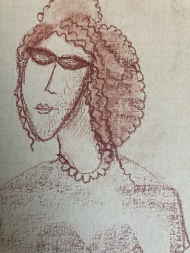 Dessin Contemporain Portrait Papier  À Identifier Femme Crayon Craie Grasse Art