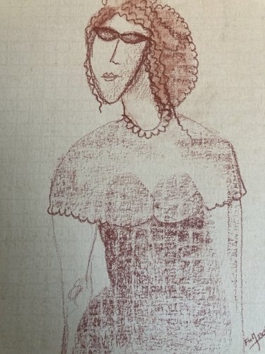 Dessin Contemporain Portrait Papier  À Identifier Femme Crayon Craie Grasse Art