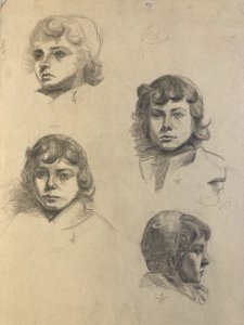 Pencil Drawing 1850 Child Portrait 19th Century French School Woman Head Art