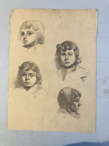 Dessin Crayon 1850 Portrait Enfant XIXe École Française Femme Tête Art