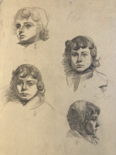 Dessin Crayon 1850 Portrait Enfant XIXe École Française Femme Tête Art