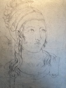 Pencil Drawing 1850 Portrait Woman Roman Rome 19th Helmet Italy Art