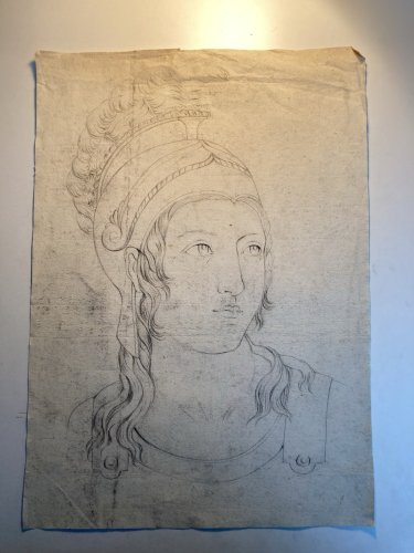 Dessin Crayon 1850 Portrait Femme Romain Rome XIXe Casque Italie Art