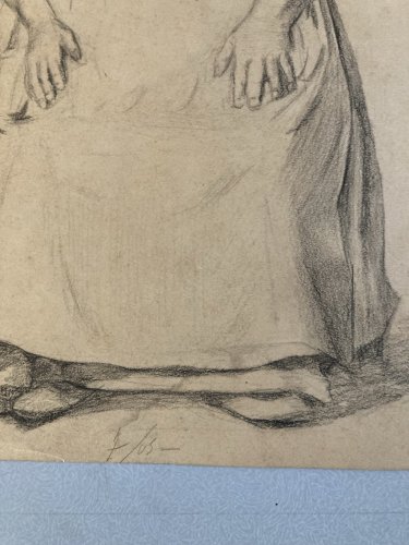 Dessin Crayon 1890 Portrait Chapeau Femme XIXe A Identifier Sanguine Art