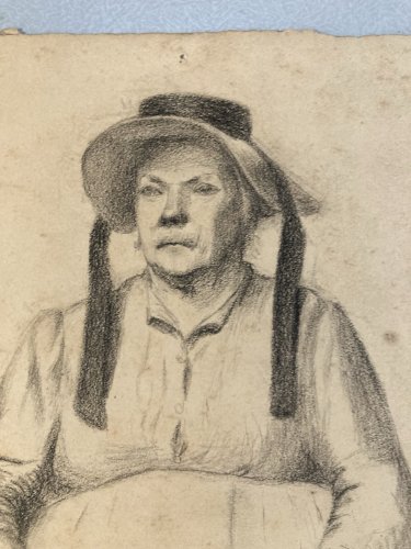 Dessin Crayon 1890 Portrait Chapeau Femme XIXe A Identifier Sanguine Art