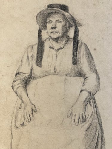 Dessin Crayon 1890 Portrait Chapeau Femme XIXe A Identifier Sanguine Art