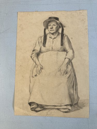 Dessin Crayon 1890 Portrait Chapeau Femme XIXe A Identifier Sanguine Art