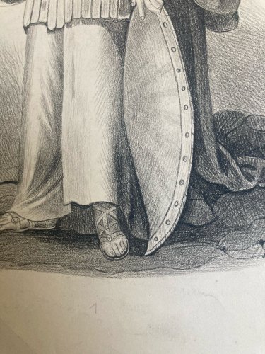 Dessin Crayon 1890 Portrait Enfant Romain Rome XIXe Casque Italie Art