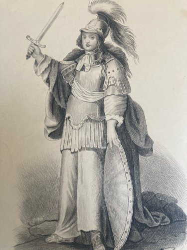 Dessin Crayon 1890 Portrait Enfant Romain Rome XIXe Casque Italie Art