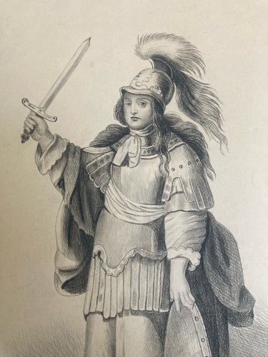 Dessin Crayon 1890 Portrait Enfant Romain Rome XIXe Casque Italie Art