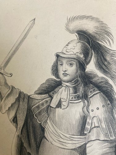 Dessin Crayon 1890 Portrait Enfant Romain Rome XIXe Casque Italie Art