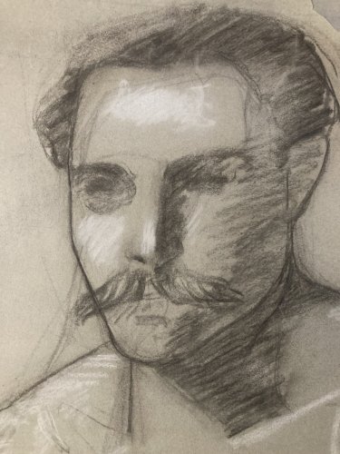 Dessin Crayon 1890 Portrait Tête Buste Moustache XIXe A Identifier Art