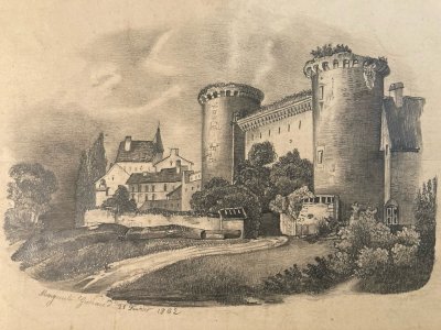 Pencil Drawing 19th Century to Identify Stronghold Castle Old Village Master Art