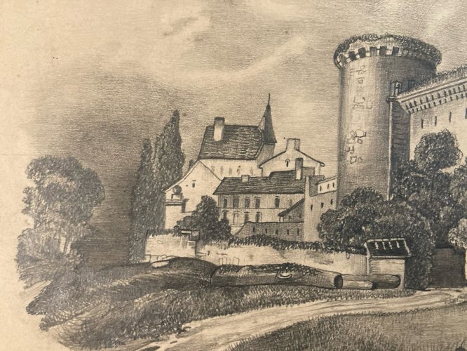 Dessin Crayon 19e à identifier Château Fort Village Ancien Maître Art