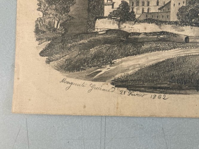 Dessin Crayon 19e à identifier Château Fort Village Ancien Maître Art