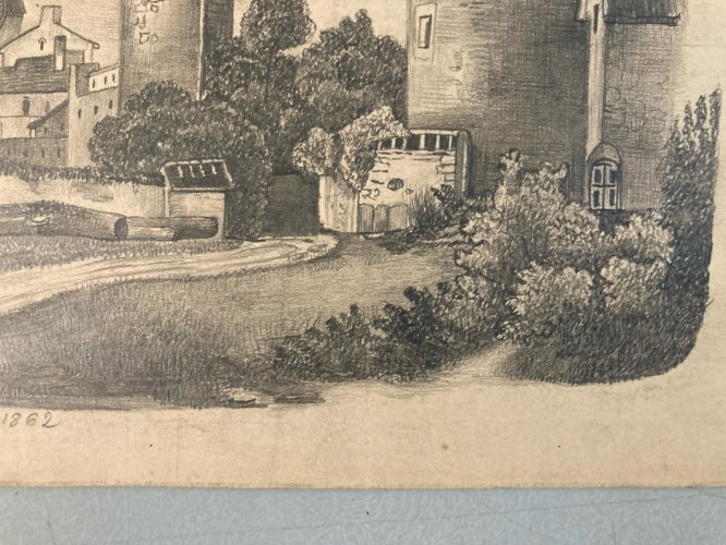 Dessin Crayon 19e à identifier Château Fort Village Ancien Maître Art